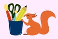 The squirrel holds a stationery in its paws - pencils, brushes, scissors, a glass